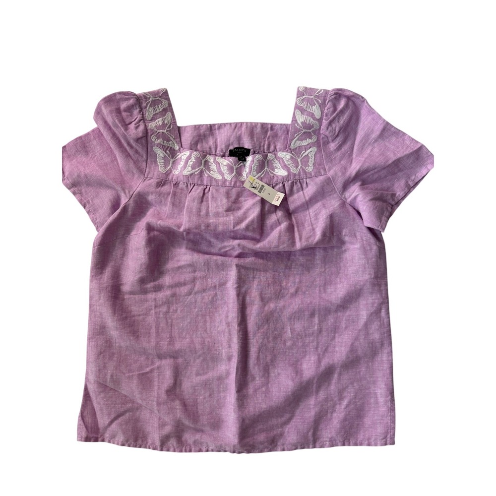 Talbots Petite Linen Cotton Butterfly Embroidered Square Neck Blouse P NWT